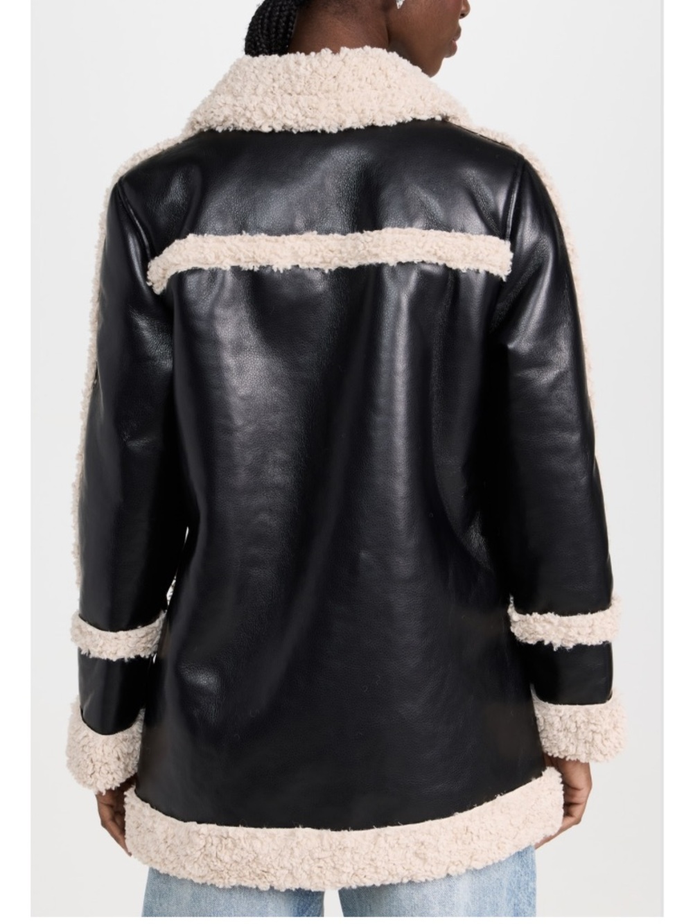 7 For All Mankind Faux Shearling Black Cream Faux Leather Longline Jacket NEW - Picture 3 of 11